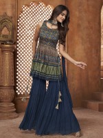 Peacock Blue Gajji Silk Readymade Sharara Suit